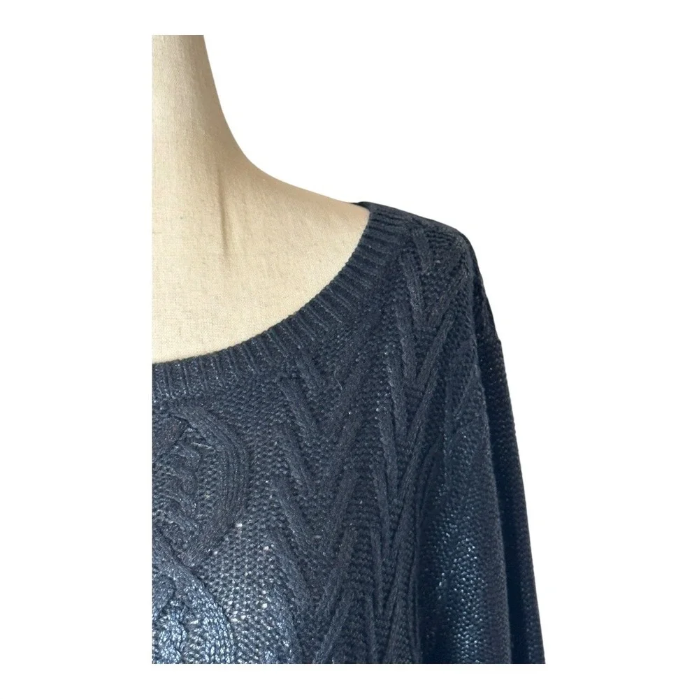 Club Monaco Sweater Women Medium Navy Blue Metallic Cable Knit Pullover Preppy‎